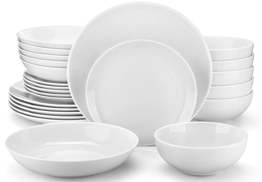 MALACASA 24 Piece Plates and Bowls Sets, Porcelain White Dinner Sets for 6 People Chip Resistant Crockery Set with Dinner Plate/Dessert Plate/Soup Plate/Bowl, Series Luna