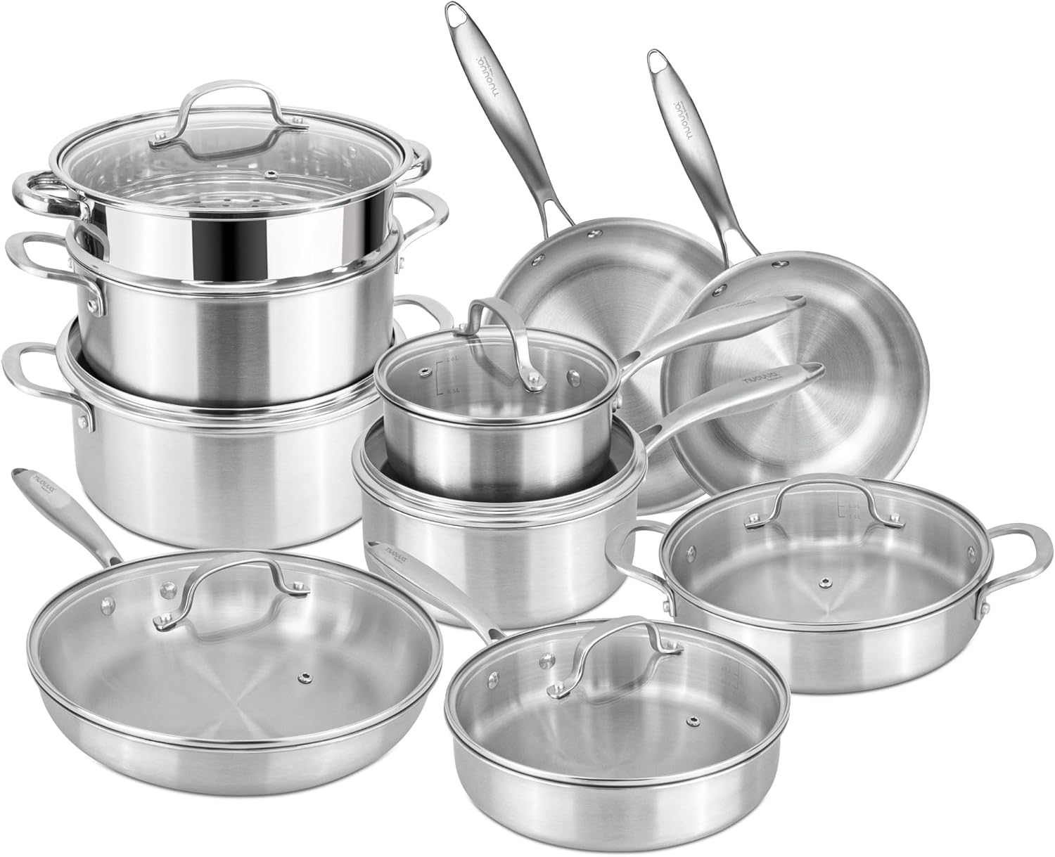 Stainless Steel Pots and Pans Set – 14pcs Cookware with Glass Lids – Induction Hob Pot Set – Cooking Saucepan Pots & Frying Pan Set – by Nuovva