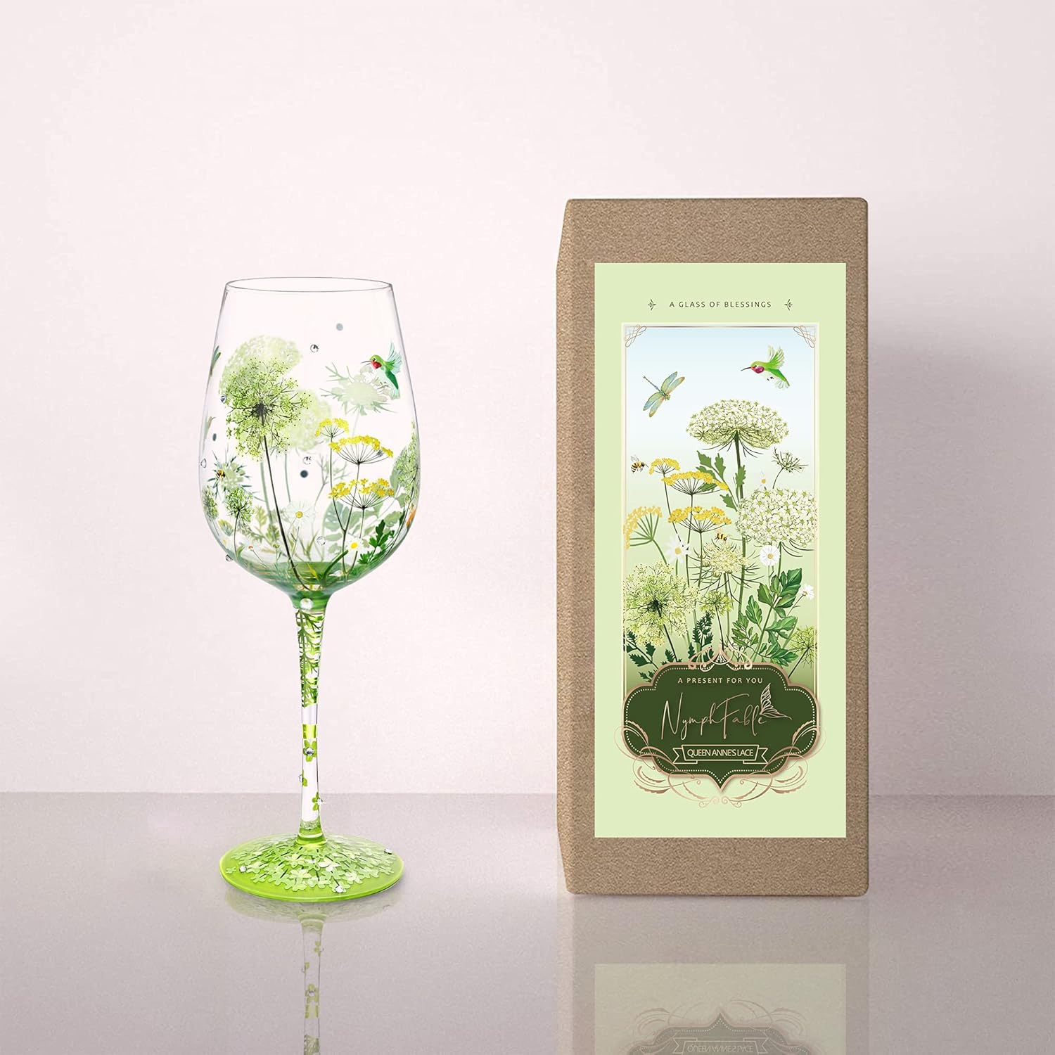 NymphFable Anne’s Lace Flower Wine Glass Bird Dragonfly Artisan Painted Glass 15oz Personalised Gift for Best Friend