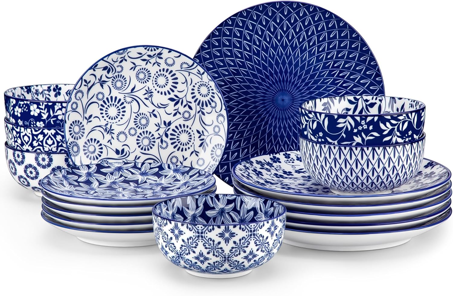 vancasso Selene Dinner Sets for 6 People, 18 Pieces Vintage Blue Porcelain Plates and Bowls Set Kitchen Crockery Set Dinnerware Sets, Microwave and Dishwasher Safe Dishes Set