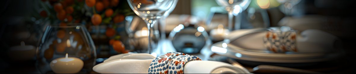 Slightly blurred and slim image of dining accessories such as plates, glasses and napkins and is the feature image on the dining accessories page.