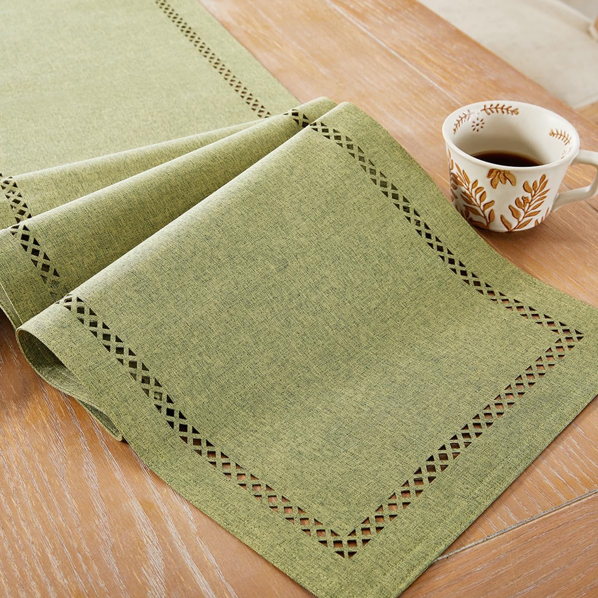 Aoztio Rustic Table Runner 90cm Long, Machine Washable, Linen-Style Rustic Geometric Lace Table Runners for Dining Room, Kitchen, Holiday Parties and Everyday Use (Sage Green, 90cm)