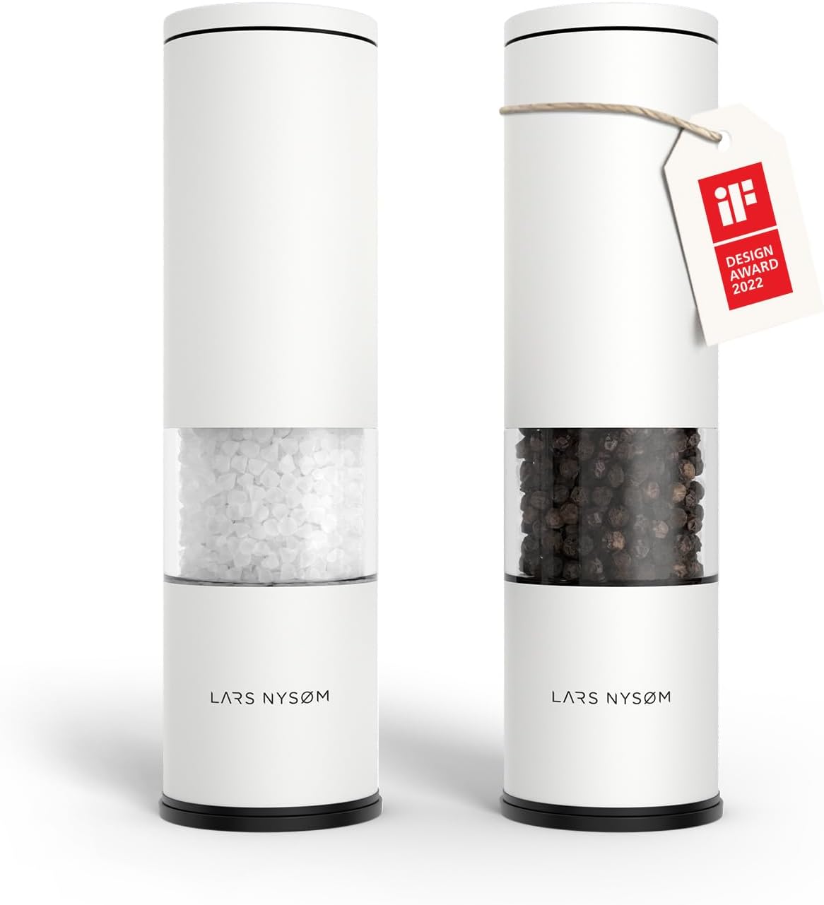 LARS NYSØM Salt and Pepper Grinder Set 2 Pieces I Salt Pepper Mill with Adjustable Ceramic Grinder I Design Spice Grinder Set Manual (Pure White)