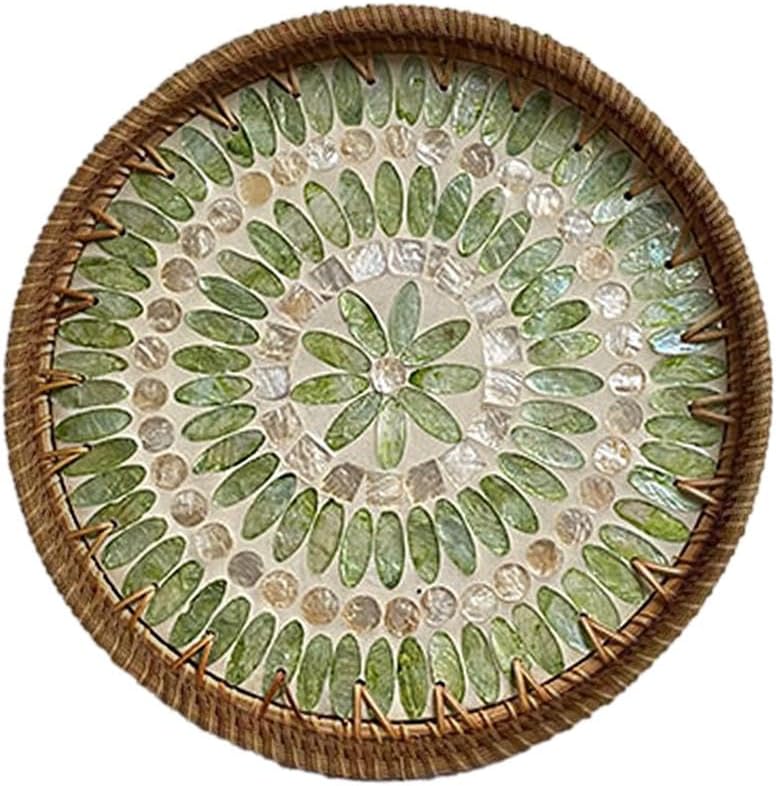 RJSQAQE Round Rattan Serving Tray with Mother of Pearl Inlay,Hand Woven Decorative Eating Tray with Wood Base,Decorative Wicker Baskets Woven Serving Tray for Coffee Table