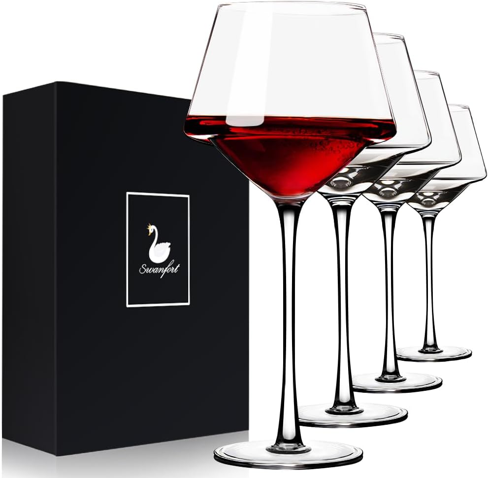 Swanfort Red Wine Glasses Set of 4, 460ml Elegant Long Stem Wine Glasses in Gift Box, Premium Glassware for Wedding, Anniversary, Birthday Gifts