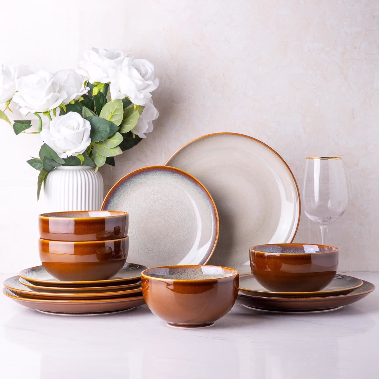 LERATIO Ceramic Dinnerware Sets for 4, Coupe Plates and Bowls in Moonlight-Khaki, Highly Chip and Crack Resistant | Dishwasher & Microwave & Oven Safe Dishes set,Reactive Glaze Dinnerware- Service for 4（12pcs）