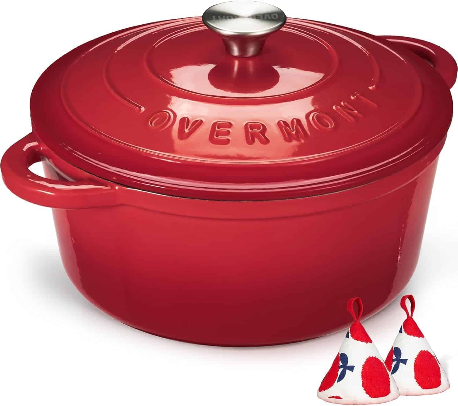 Overmont 26cm/5.2L Enamelled Cast Iron Round Casserole Pot With Lid Cookbook & Cotton Potholders - Non-stick Dutch Oven Cookware for Braising, Stews, Roasting, Bread Baking - Red, 5.2 Litres