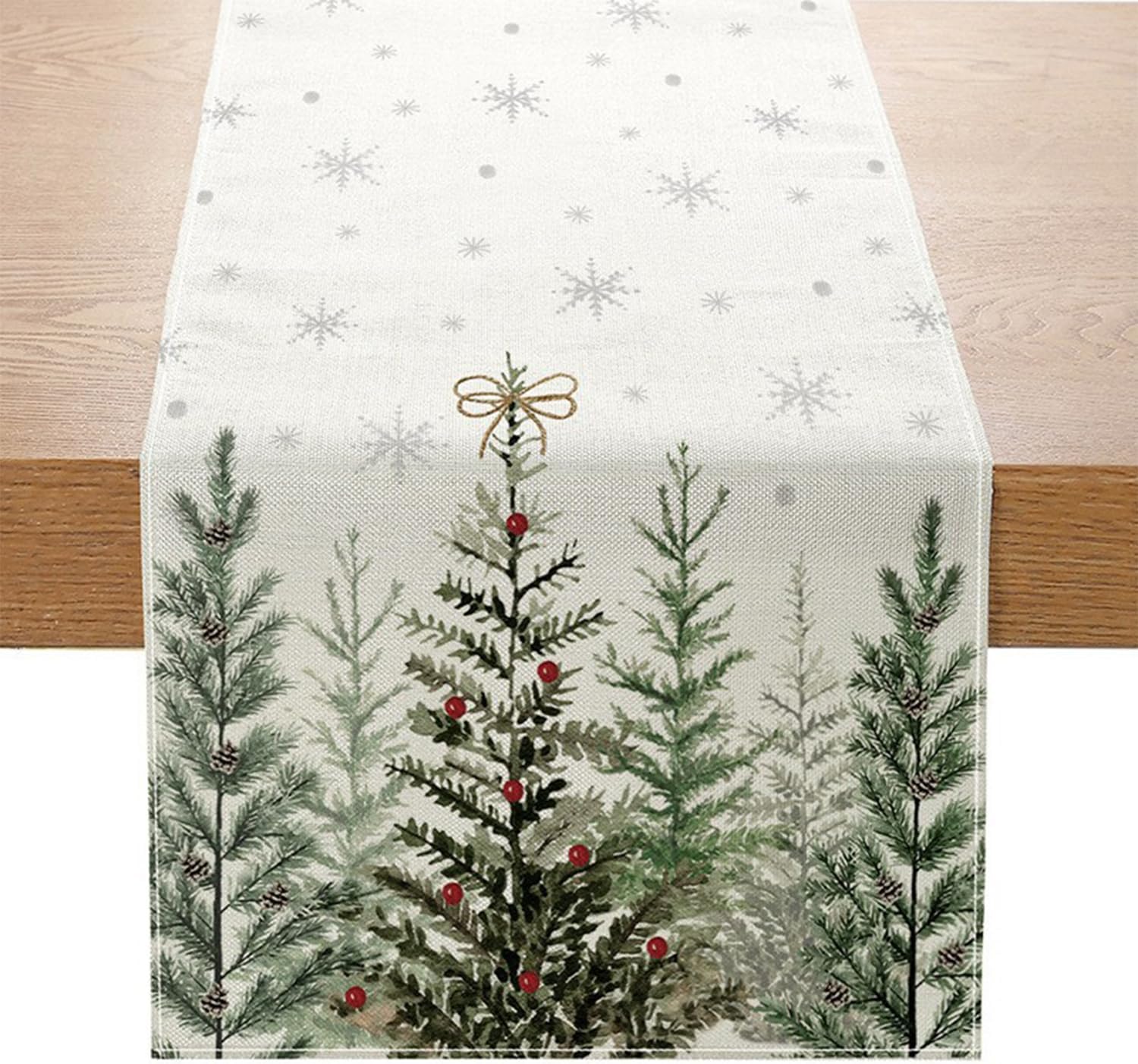 Winter Snowflakes Christmas Dining Table Runner, Natural Linen Fabric, Snowflake and Tree Patterns, Easy To Clean, Long Table Runner, 13X72 Inch (183L x 33W cm), Merry Xmas Kitchen Dining Decoration