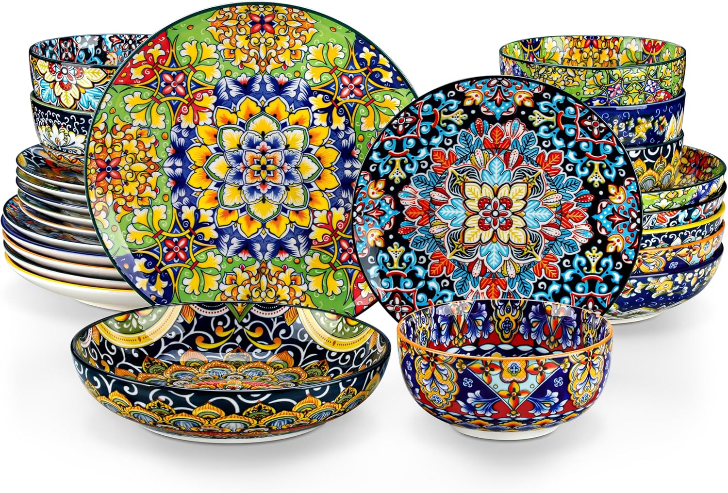 vancasso SIMI Dinner Set- 24 Pieces for 6 People, Porcelain Plates and Bowls Set, Bohemian Style Dinnerware Sets, Scratch Resistant Dinner Service Set, Dishwasher and Microwave Safe