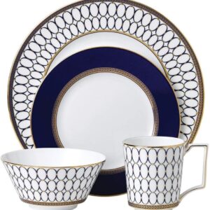 A Wedgewood Renaissance blue pattern dinner set represented by dessert plate, dinner plate, bowl and mug.