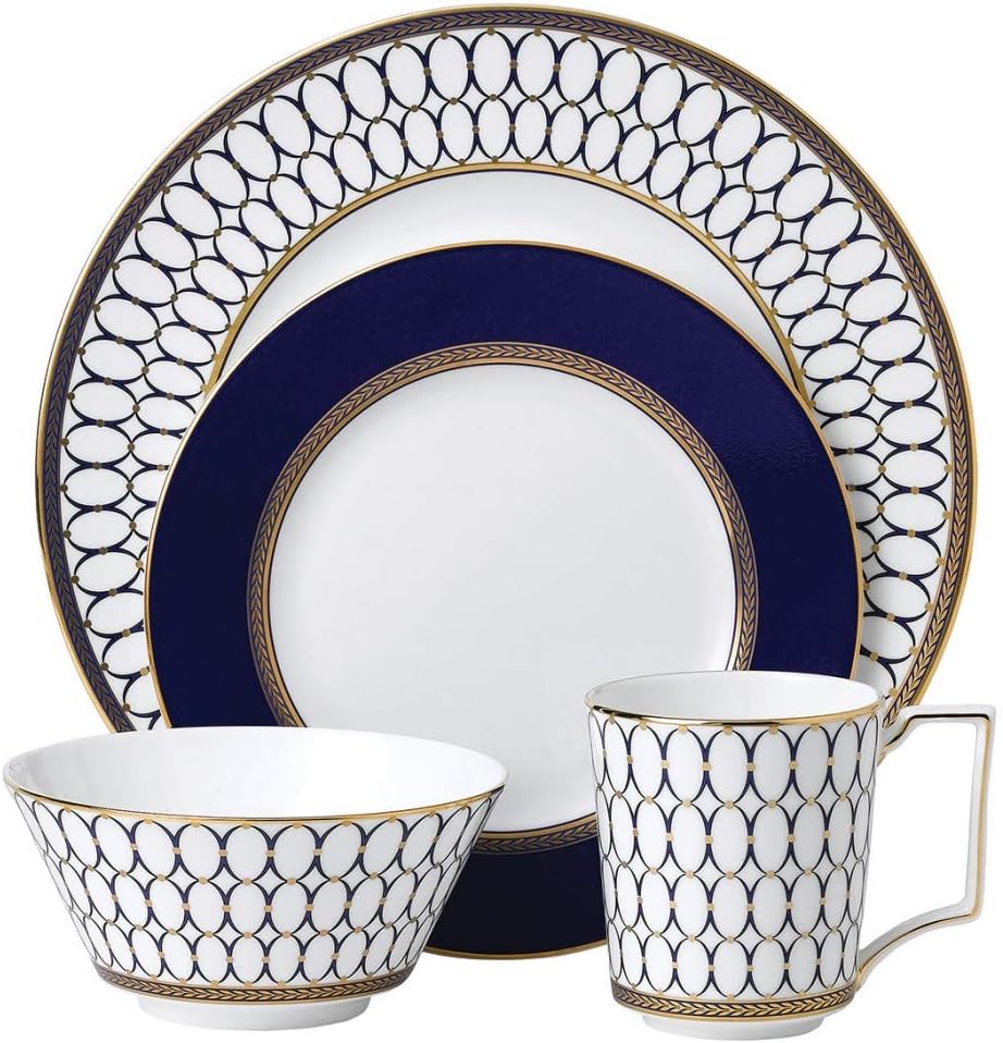 A Wedgewood Renaissance blue pattern dinner set represented by dessert plate, dinner plate, bowl and mug.