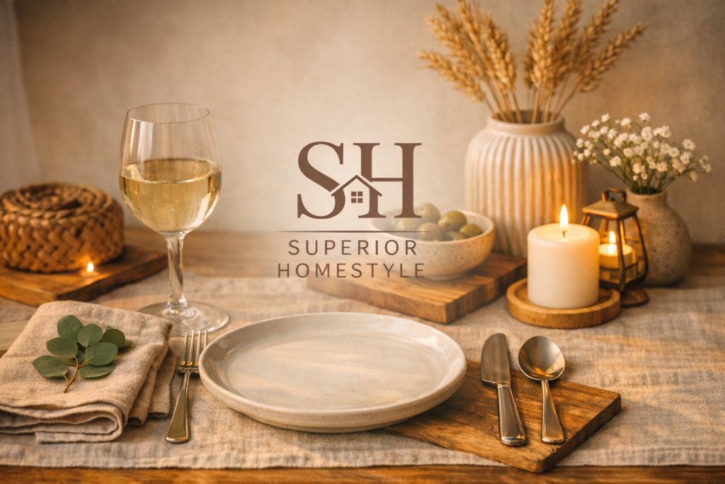 Superior Homestyle logo overlayed on a brown toned tabletop scene with place setting and decor items