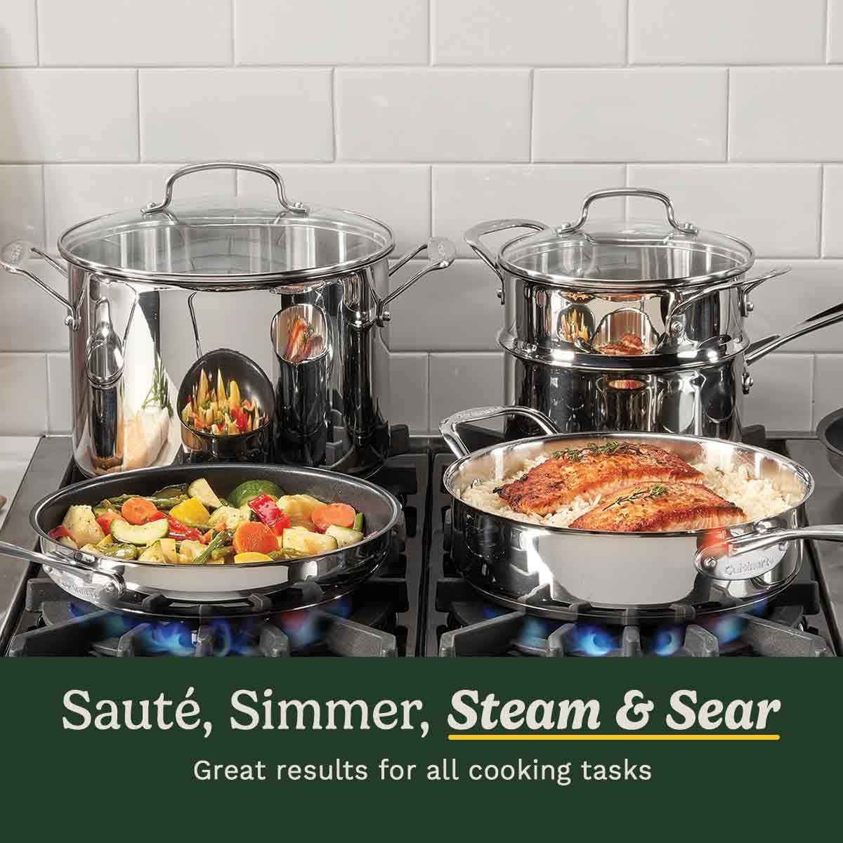4 Cuisinart stainless steel pans on the hob