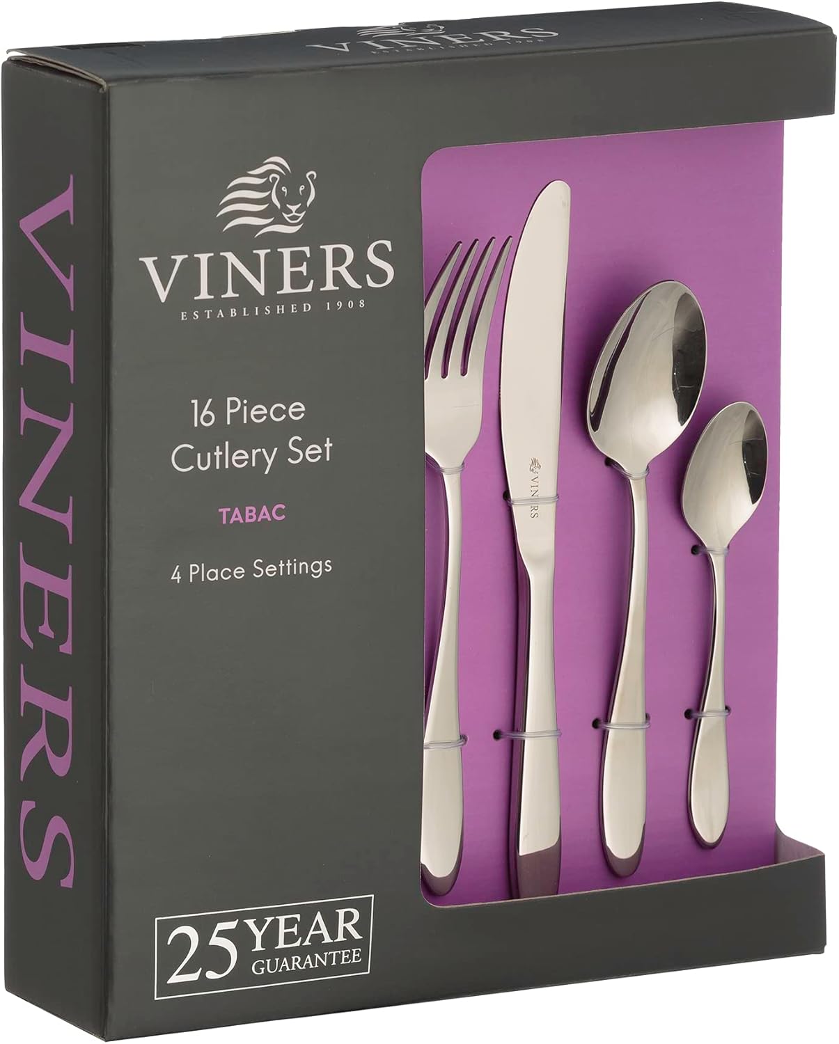 Viners Tabac Cutlery Set | 18/0 Stainless Steel | Set of 16 Pieces | Silver Mirror Finish | Serves 4 | Dishwasher Safe | Gift Box