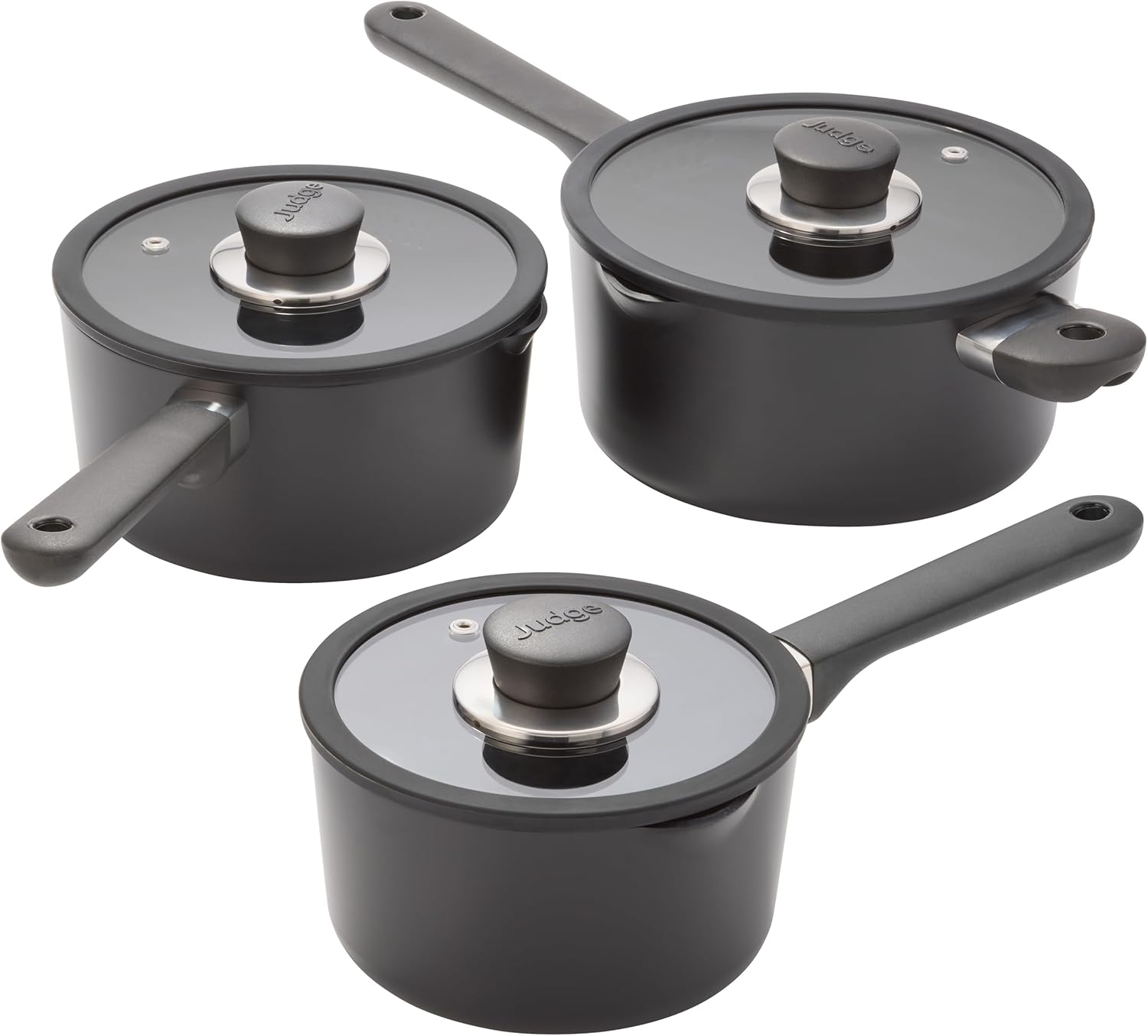 Judge Vista Ceramic 3-Piece Draining Saucepan Set – Aluminium Base with Non-Stick Ceramic Coating, Stay Cool Handles, Induction Compatible – Includes 16cm, 18cm & 20cm Draining Saucepans