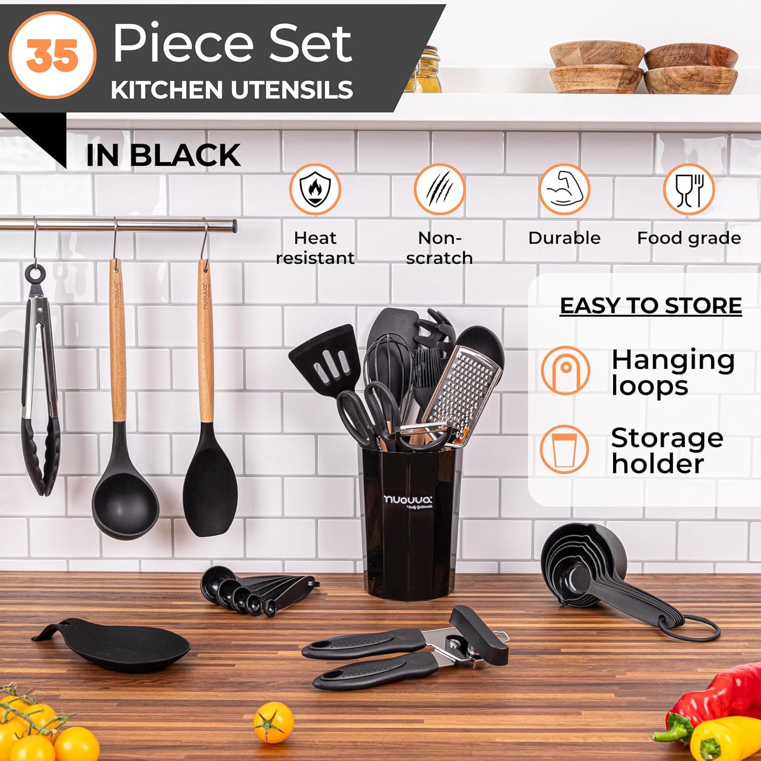 Set of silicon kitchen tools with wood effect handles