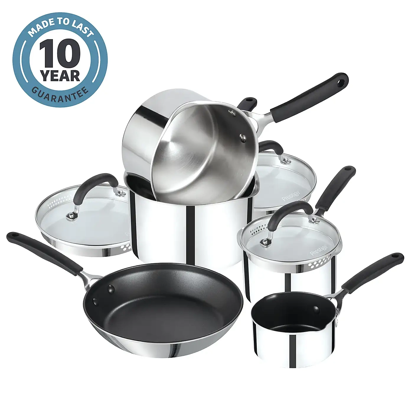 Made to Last: Stainless Steel Frying Pan, Saucepan, Straining Lids & Milk Pan Set - 5 Pieces